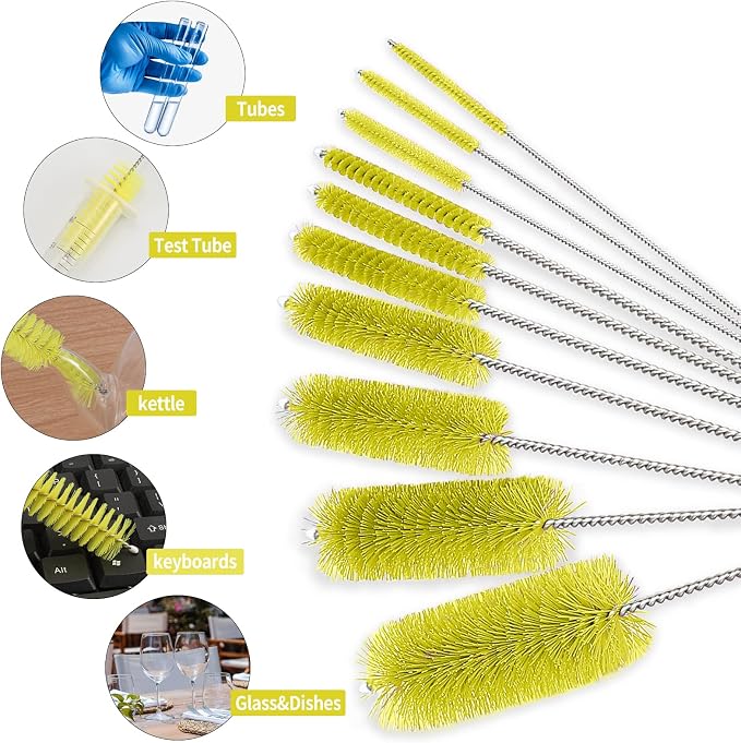 CiaraQ Bottle Cleaning Brushes, 8 Inch Nylon Tube Brush Set, Cleaner for Narrow Neck Bottles Cups with Hook, Set of 10pcs. (Pack of 2)