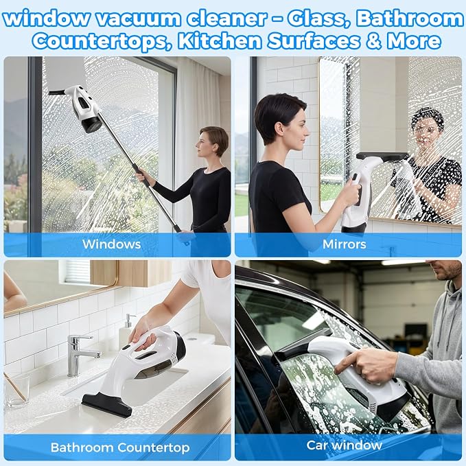 2000Pa Window Vacuum Squeegee with 31-40" Pole, 2200mAh & 150ml Tank | Electric Window Cleaning Tool for Windows, Shower Doors, Mirrors, and Tiles