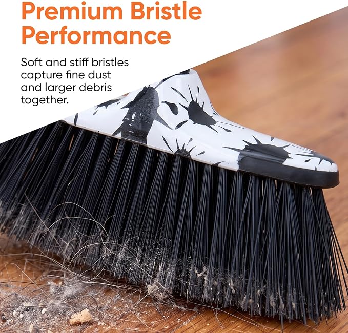 Superio Design Broom, Fancy Black and White Angle Broom, Cute Splash Design Kitchen Broom with Safety Bumper, 48" Indoor and Outdoor Sweeping Tool 2-Pack