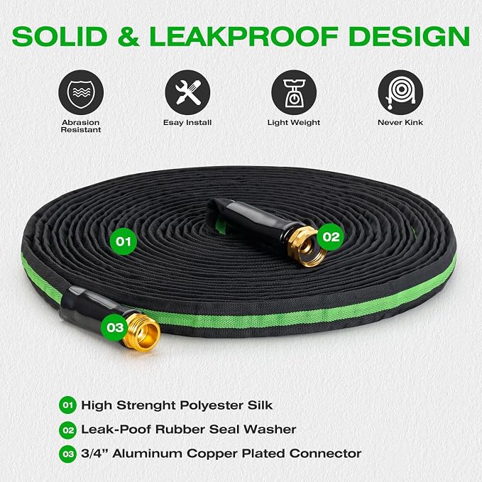 50FT Lightweight Super Flexible Garden Hose | Kink-Free, Non-Expanding, Easy Storage for Yard Lawn Outdoor Use (Black-Green)