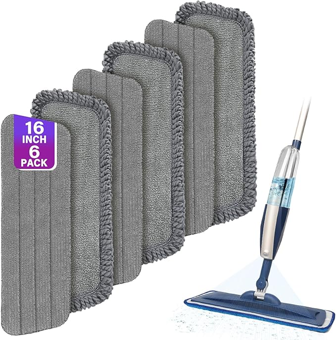 16.5" Microfiber Mop Pads Refills, 6 Pack Reusable Replacement Heads | reusable wet mop refills, machine washable for 14-16 inch spray mops, hardwood floors, dust cleaning & scrubbing