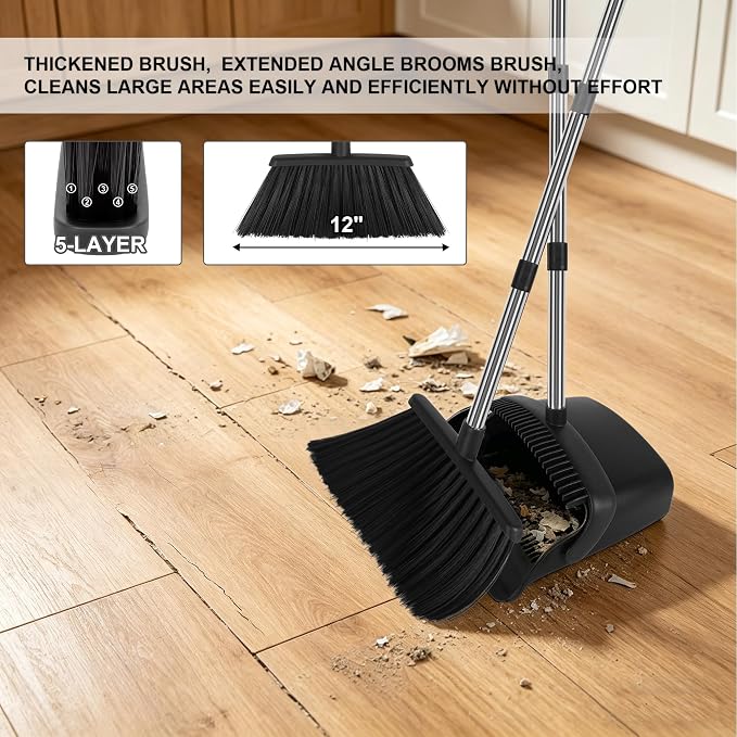 Black Broom and Dustpan Set 2 Pack, Long Handle Floor Cleaning | Self-Cleaning Comb Teeth, Upright Storage, Indoor Outdoor Sweeping for Home, Kitchen, Garage and Pet Areas