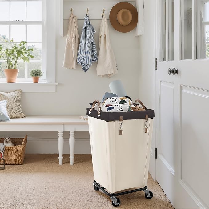 StorageWorks 110L Laundry Basket with Wheels, Rolling Hampers for Clothing | Beige Laundry Basket with Wheels, Metal Frame & Handles, Rolling Hamper for Bedroom, Bathroom, Dorm, Hotel