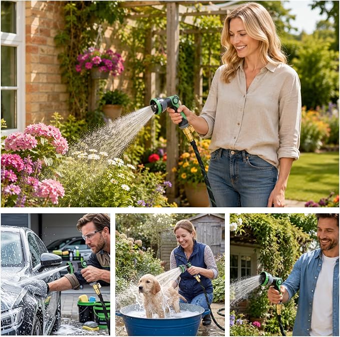 100FT Garden Hose 100 Feet Non-Expandable Heavy Duty Garden Hose with 8 Pattern Spray Nozzle, Flexible Kink-Free Water Hose with Brass Fittings for Watering Lawn, Yard, Car Washing