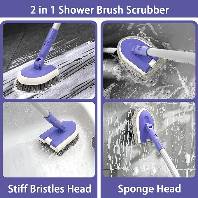 Tile Tub Scrubber Brush, Shower Scrubber Cleaning Brush with Long Handle | 2 Detachable Cleaning Heads, 180° Swivel Head for Cleaning Bathroom Kitchen Wall Tub Tile Shower
