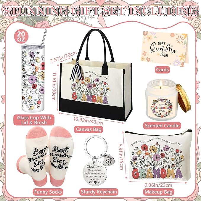 Patelai 7 Pcs Grandma Gifts, Christmas Grandma Gifts for Best Grandmother | Birthday Gift from Grandkids Grandchildren Thank You Set with 20oz Tumbler Tote Bag Candle Socks Makeup Bag Keychain Card