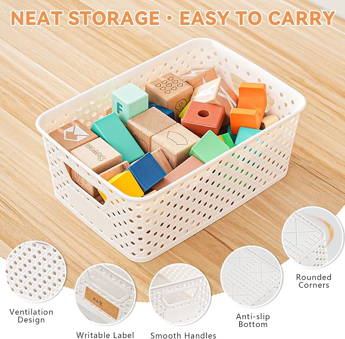 12 Pack Plastic Storage Baskets for Organizing, Storage Baskets for Shelves with Handles, Small Storage Bins with Labels, Classroom Storage Organization for Cabinet,Closet, Office