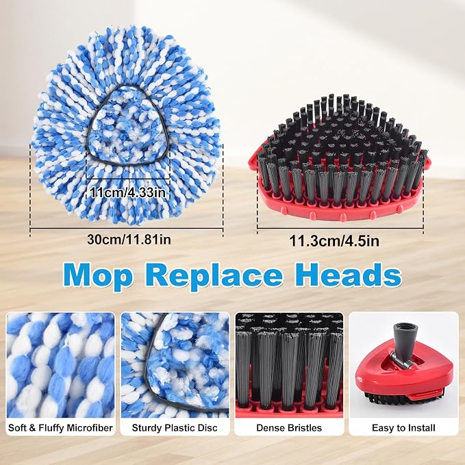 Mop Heads Replacement Scrub Brush and Base Spin Mop Handle Compatible with Ocedar RinseClean 2 Tank System Include 2 Mops Replace Head 1 Upgrade Brush 1 Base & 30-58" Adjustable Mop Stick (NO Bucket)