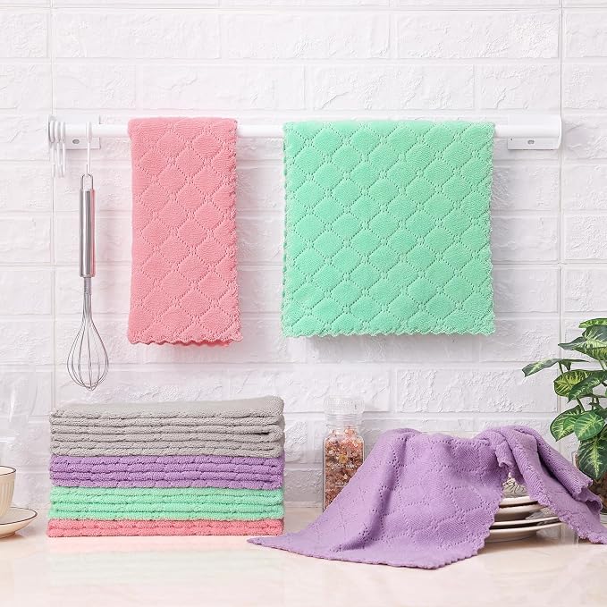 Homaxy 12 Pack Super Soft Absorbent Dish Towels, 10" x 20", Multi Color | Coral Velvet, Nonstick Oil Fast Drying Microfiber Cleaning Cloth, No Lint Dishcloths for washing and drying