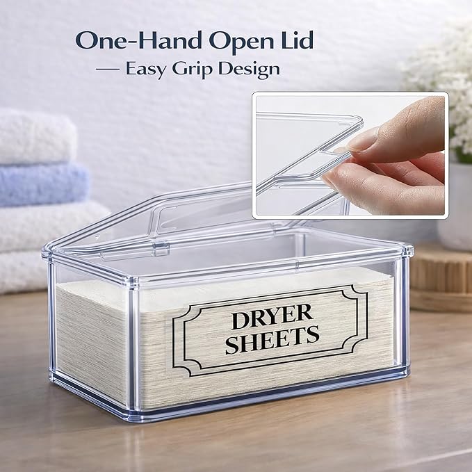 SSTATES Clear Acrylic Dryer Sheets Holder, Flip-top Laundry Pods Container with 2 Label Decals for Laundry Room Organization and Décor, Stackable Storage Box (1 Pc)
