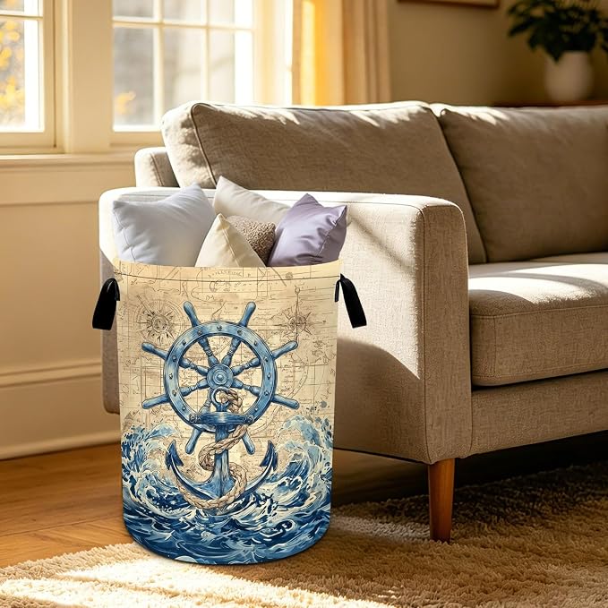 Nautical Laundry Basket Foldable Oxford Laundry Hamper With Handle For Room Bathroom Bedroom
