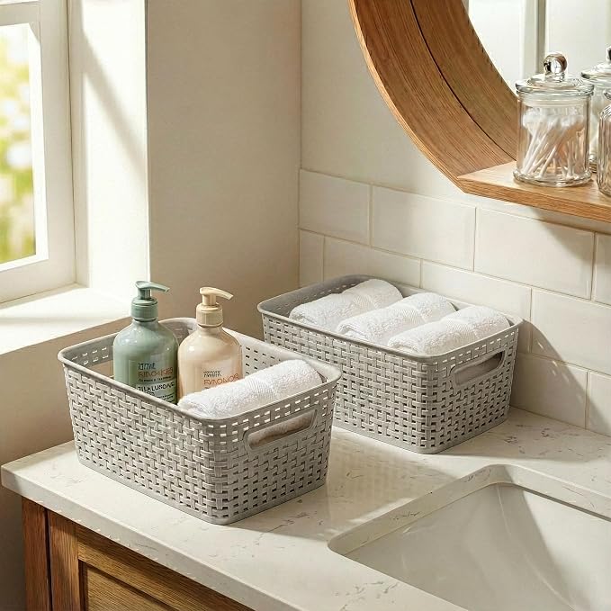 BINO | Plastic Storage Baskets, 5.5 Liter - 3 Pack, Natural Grey | THE WOVEN COLLECTION | Storage Basket for Shelves | Woven Storage Baskets for Organizing Bins Pantry Shelf Organizer | Container Bin
