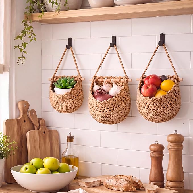 3 Hanging Baskets,Dark Brown,Lace,Cotton Rope | Wicker Wall Baskets with Hooks for Fruit Vegetable Onion Storage, Teardrop Organizer for Kitchen, Boho Farmhouse Decor