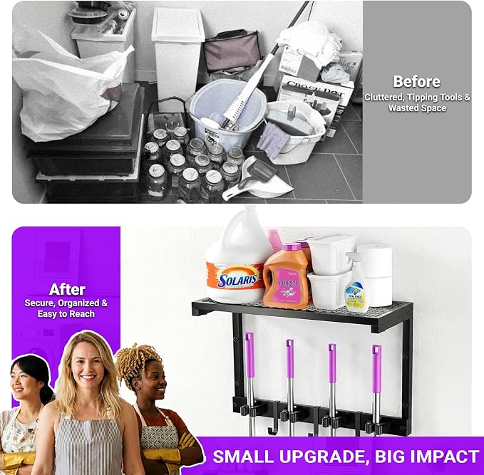 Heavy Duty Broom Holder Wall Mount, All-Metal Mop Rack with Storage Shelves | Space-Saving Cleaning Supply Organizer with Hooks Keeps Mops, Brooms and Tools Handy in Laundry Rooms, Garages and Kitchens