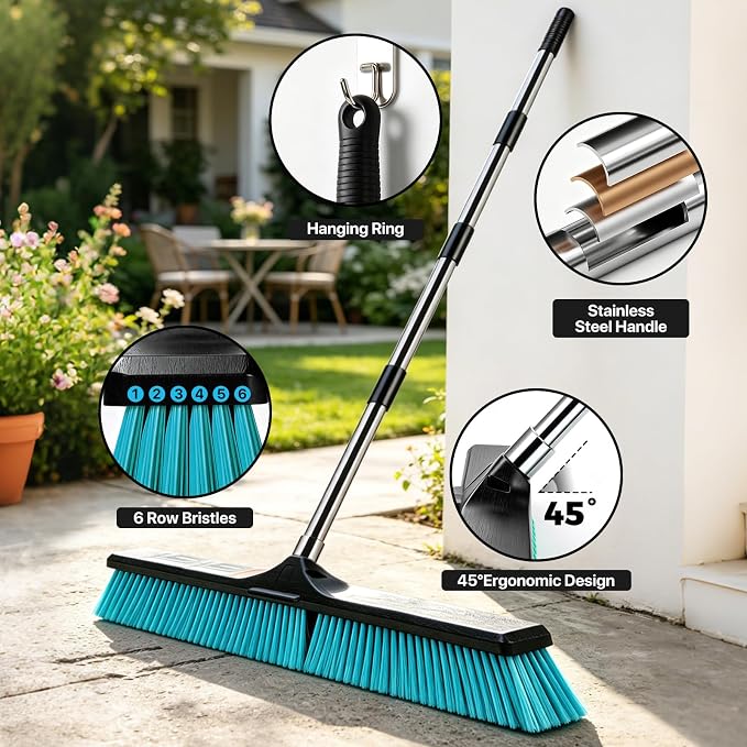 24" Push Broom Outdoor Heavy Duty, Commercial Push Broom for Cleaning, Blue | Industrial Broom with 55" Long Handle Stiff Bristles,Garden Brush Broom for Driveway Garage Yard Warehouse Floor Cleaning