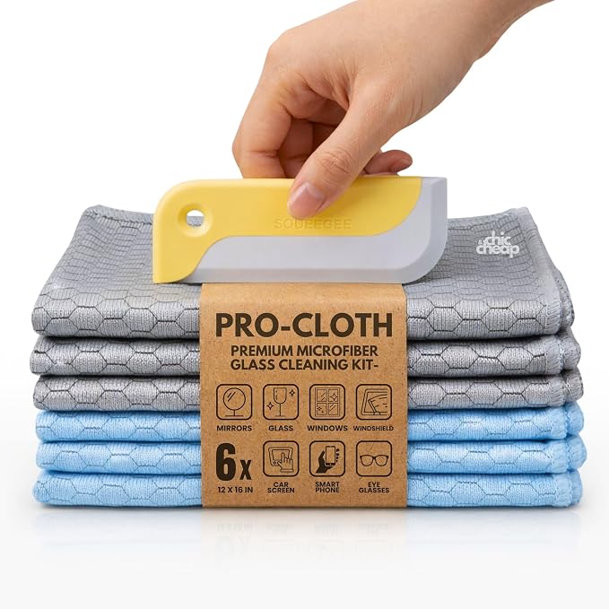 PRO-CLOTH Window & Glass Cleaning Cloths (6-Pack, 12 x 16") – Premium Honeycomb Microfiber Cloths for Windows, Mirrors, Car Glass & Screens, Water Only, Lint-Free, Streak-Free + Mini Silicone Squeegee