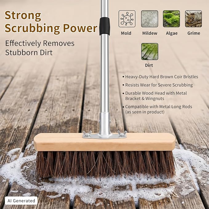 Heavy Duty Deck Brush with Long Handle, 54" Adjustable Stainless Steel Handle, Stiff Natural Palmyra Bristles, Outdoor Scrub Brush for Concrete Patio Garage Tile Floor Sidewalk Cleaning
