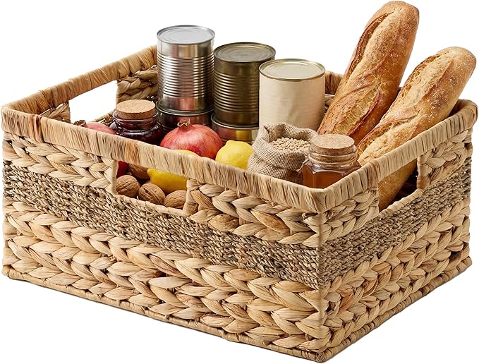 StorageWorks Jumbo Rectangular Wicker Basket, Water Hyacinth and Seagrass Storage Basket with Built-in Handles, 1 Pack | Woven Storage Baskets Water Hyacinth Seagrass, Large Seagrass Basket, Wicker Storage Baskets for Shelves, Woven Baskets