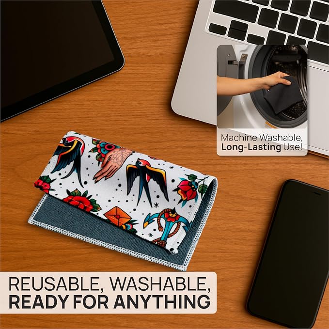 Microfiber Wholesale Quick Cloth Glasses Cleaning Cloths 8x8 Tattoo 1-Pack | with Case | Double-Sided Lens Cleaner for Eyeglasses, Camera, Screens & Glass | Reusable Microfiber Glass Polishing Cloths