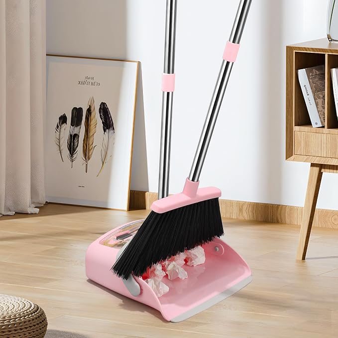 2-Pack Broom with Dustpan Combo Set, Hand Broom and Dustpan Set for Sweeping Indoor Angle Broom for Home Office Kitchen Lobby Floor Pet Hair Indoor&Outdoor Cleaning (Pink&Gray)(2-Pack)