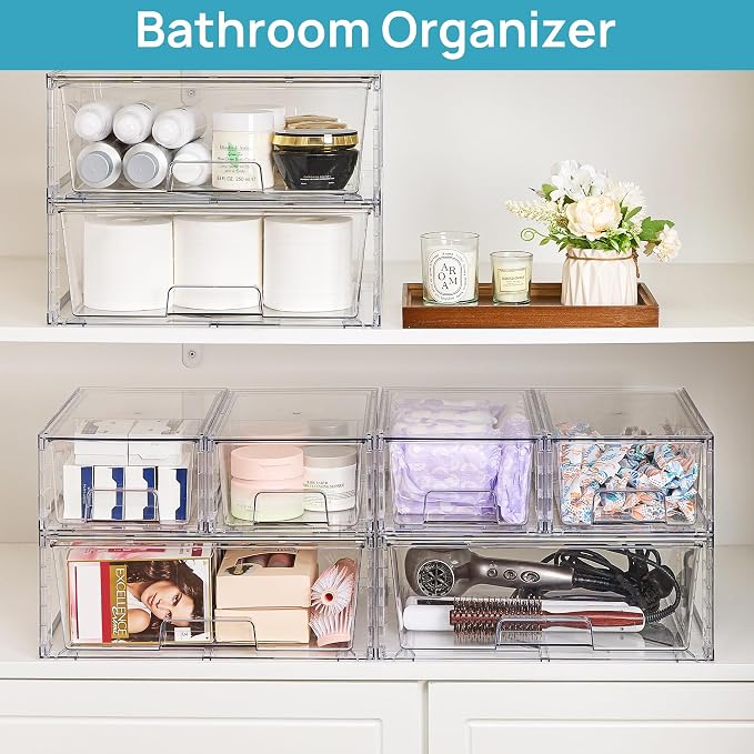 Vtopmart Clear Stackable Storage Drawers, 5 Pack Wide Storage Set | Wide and Small Pull-Out PET Drawers Designed for Large and Small Item Sorting, Cabinets, Closets, Pantry