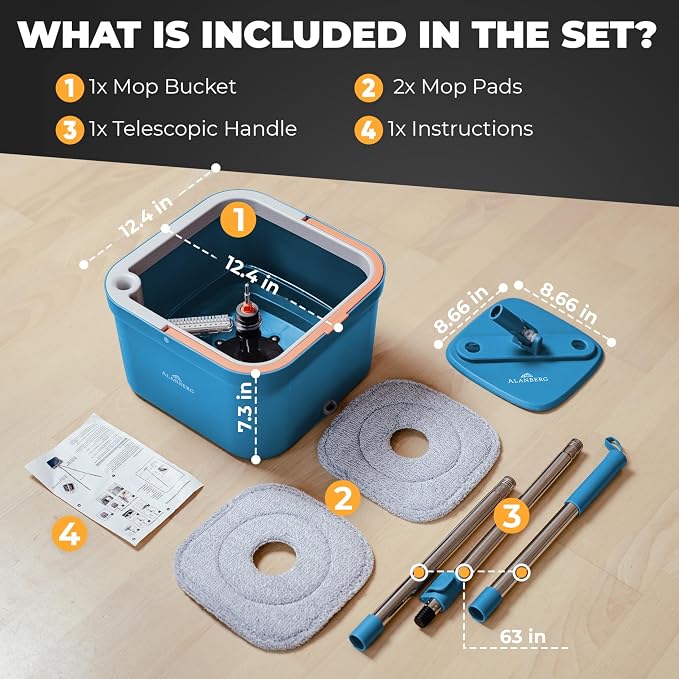 Mop and Bucket Set, Mops for Floor Cleaning, Spin Mop, Blue | Spin Mop With Wringer, Dual Chamber Bucket, Flat Microfiber Mop, 2 Washable Heads, 63 Inch Handle