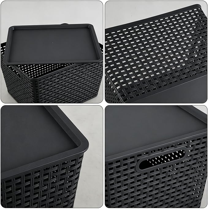 6 Pack Large Plastic Storage Baskets Bins with Lid, Black | Stackable Storage Basket Organizer Bins with Lids for Organizing Shelves Pantry Closet, 14"x 11.65"x 8.66"