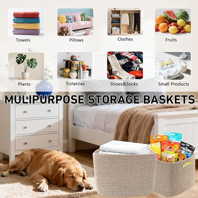 3 Pack Woven Baskets,Storage Baskets for Shelves with Handles | 13.5"×11"×9.5", Closet Baskets, Nursery Organizer for Toys Towels Books, Storage Bin for Living Room Bedroom (Mixed Brown)