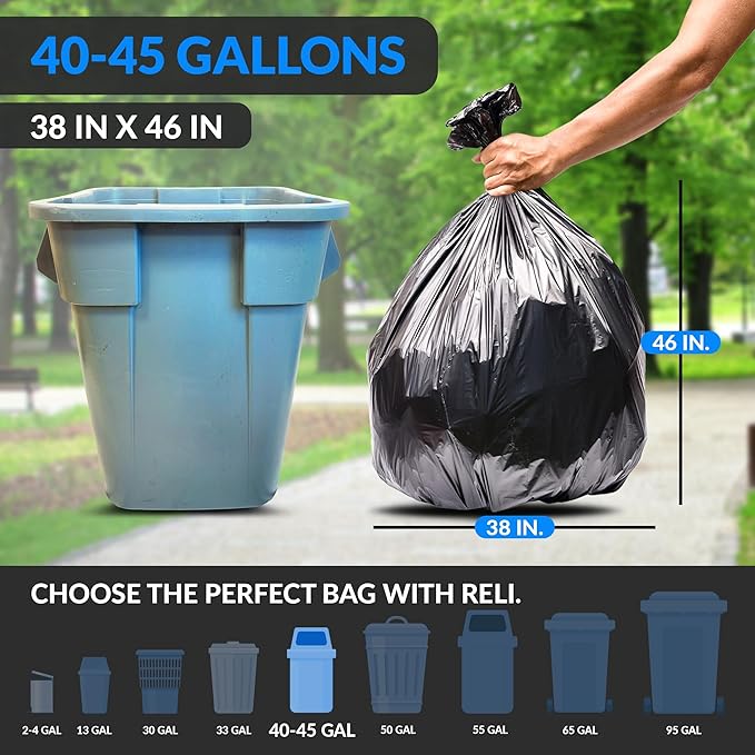 Reli. 40 to 45 Gallon Trash Bags Heavy Duty | 250 Trash Bags, Twist Ties | Black, Serious Garbage Cleanup | Large Garbage Bags with Twist Ties, Made in USA | SuperValue