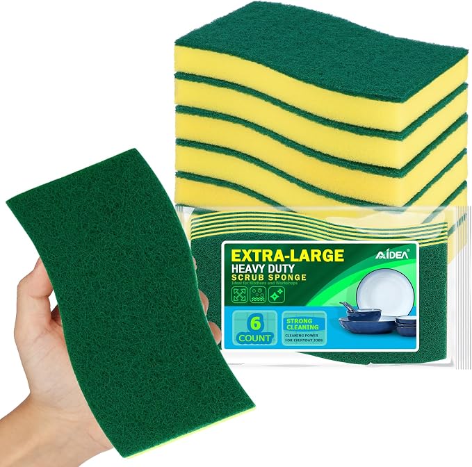 AIDEA Sponges Kitchen, 6-Pack XL Heavy Duty Dish Sponges, Cleaning Sponges | Reusable Dish Sponges Stink-Free, Extra Large Cleaning Dish Scrubber Sponges for Home/kitchen/ Restaurant/ Household Cleaning
