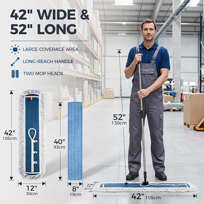 42" Commercial Dust Mop for Floor Cleaning, Heavy Duty Industrial Mop | Large Flat Mop with Long Handle, Push Mop with 2 Different Mops Pads, for Hardwood, Tile, Gym, Office, Mall, Warehouse