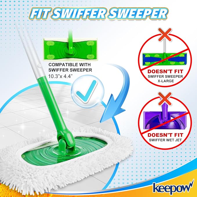 KEEPOW Reusable Microfiber Mop Pads Compatible with Swiffer Sweeper, 4 Pack | Dry Sweeping Cloths Microfiber Wet Mop Pads, Mop Replacement Sweeping Mopping pad Refills for Hardwood Surface Floor Cleaning