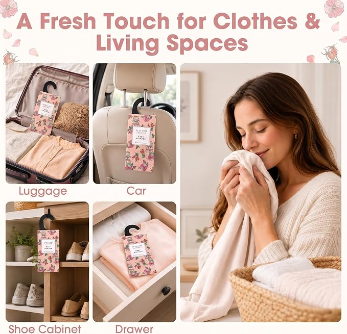 Large 12 Packs Baby Powder Hanging Scented Sachets Long-Lasting Closet Deodorizer Air Freshener Fabric Refresher Odor Eliminator for Drawer Home Fragrance Gift Set