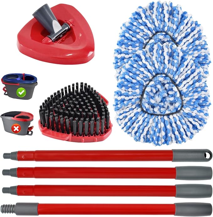 Mop Heads Replacement Scrub Brush and Base Spin Mop Handle Compatible with Ocedar RinseClean 2 Tank System Include 2 Mops Replace Head 1 Upgrade Brush 1 Base & 30-58" Adjustable Mop Stick (NO Bucket)