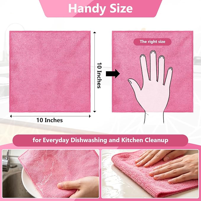 Kitchen Dish Cloths, 12 Pack, 10 x 10 Inches, Soft Absorbent Dish Towels, Lint Free Reusable Dish Rags for Dishwashing, Drying and Daily Cleanup, Hot Pink