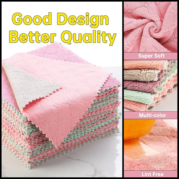Kitchen Dish Cloths, Microfiber Cleaning Cloth, 12 Pack,10"x10" | Super Soft Absorbent Coral Velvet Dish Towels, Non-Oil No Lint Fast Drying Microfiber Cloths for Dishes & Countertops