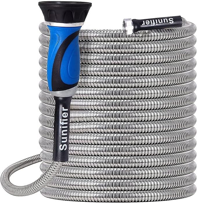 Metal Garden Hose 25 Ft Flexible Stainless Steel Garden Hose Lightweight, Heavy Duty Water Hose With High Pressure Hose Nozzle Sprayer for Garden, Lawn(25 FT)