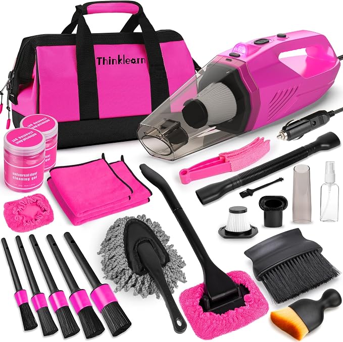ThinkLearn Car Cleaning Kit with High Power Car Vacuum Detailing Kit | Cute Pink, 8000Pa Suction, 15ft Long Cord, 24piece Set, Interior Cleaning Deep Cleaning, Car Accessories Gift For Women