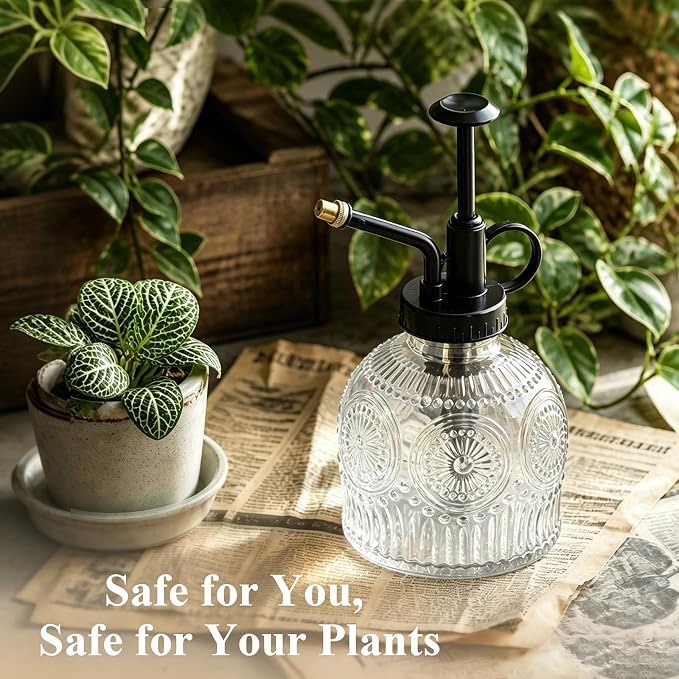 Glass Plant Mister Spray Bottle Vintage Refill Leak Proof Watering Can 8oz | for Indoor Plants, Houseplants, Gardening, Cleaning, Hair & Pet Care with Mist Nozzle (Clear-black Pump)
