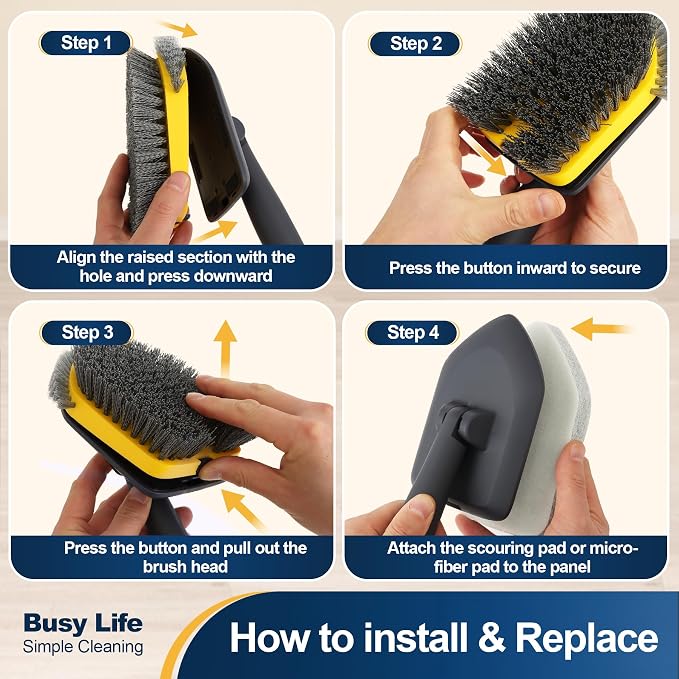 Yocada Tub Tile Scrubber Brush 2 in 1 Cleaning Brush 58.2" Telescopic Pole | Stiff Edge Bristles 4*Scouring Pads for Bathroom Shower Floor Corner Cleaning Non Scratch