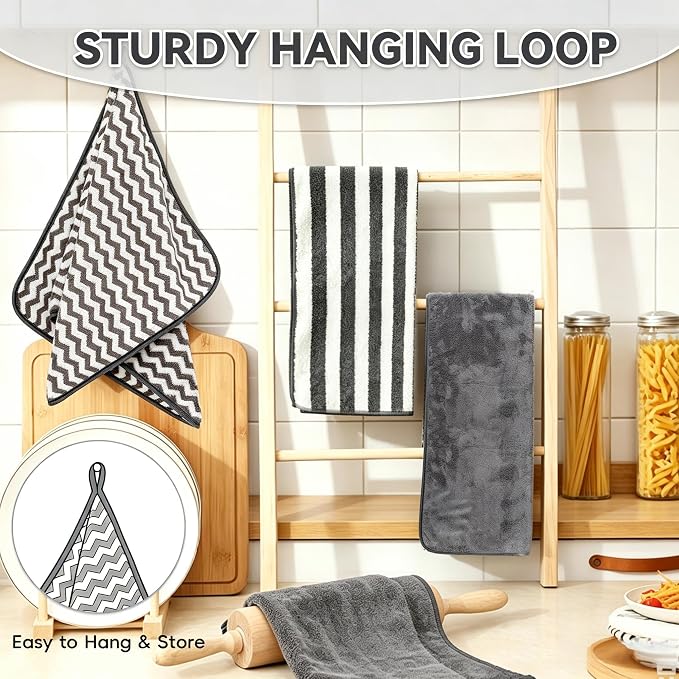 Microfiber Cleaning Cloths, 6 Pack Gray Kitchen Towels | 13.5x29 Inch, Ultra Soft Super Absorbent, Lint Free Dish Towels with Hanging Loop, Reusable for Household Cleaning