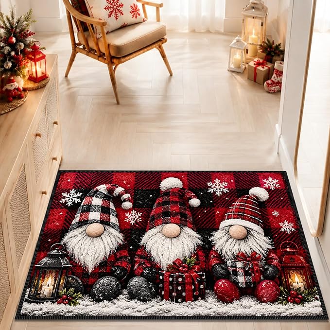 Christmas Gnome Area Rug 15.7x23.6 Inch, Faux Cashmere Non Slip Floor Mat, Red Black Plaid Holiday Rug for Entryway Bedroom Kitchen (Three Gnomes, 15.7x23.6inch)