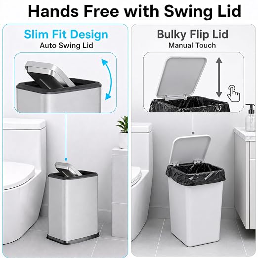 2.1 Gal Slim Bathroom Trash Can with Swing Lid, Rustproof Stainless Steel Small Garbage Can for Narrow Spaces & Toilet Side, Dog Proof Odor Control Waste Basket for Bedroom/Office, Silver