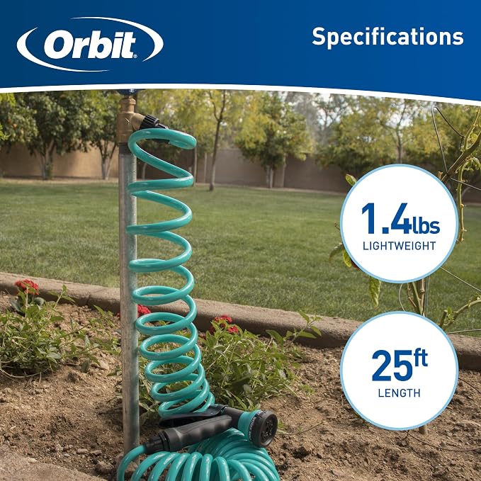 Orbit 26381 Coil Garden Hose, 25 Feet, with 8-Pattern Hose Nozzle (Blue) | Flexible Coil Garden Hose with 8-Pattern Spray Nozzle for Lawn & Garden Watering, Lightweight & Easy to Store