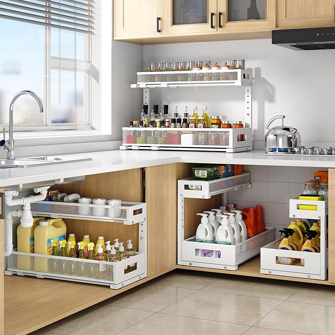 2 Pack 20.47IN Depth Under Sink Storage Organizer, Large 2-Tier Elegant Mesh Pull Out Shelf for Kitchen and Bathroom Cabinet Organization, L-Shaped and Adjustable Height Design-White