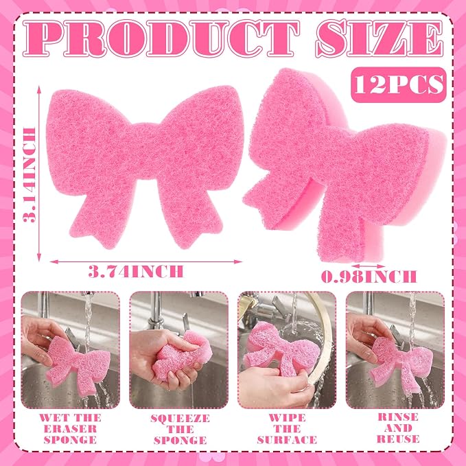 Tioncy 12 Pack Pink Bow Sponges Dual Sided Non Scratch | Reusable for Dishwashing Cookware Pot Pan, Preppy Cute Kitchen Cleaning Accessories, Non Scratch Bulk Household Supplies