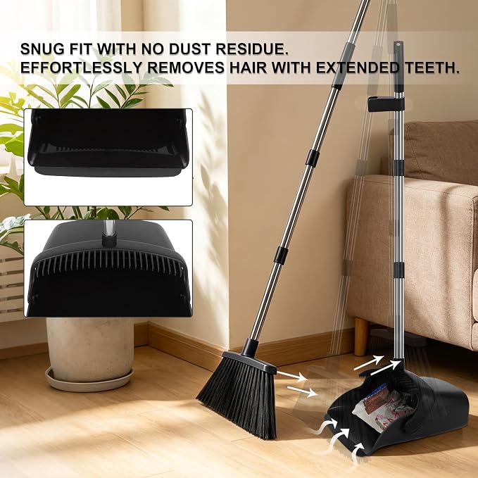 Black Broom and Dustpan Set 2 Pack, Long Handle Floor Cleaning | Self-Cleaning Comb Teeth, Upright Storage, Indoor Outdoor Sweeping for Home, Kitchen, Garage and Pet Areas