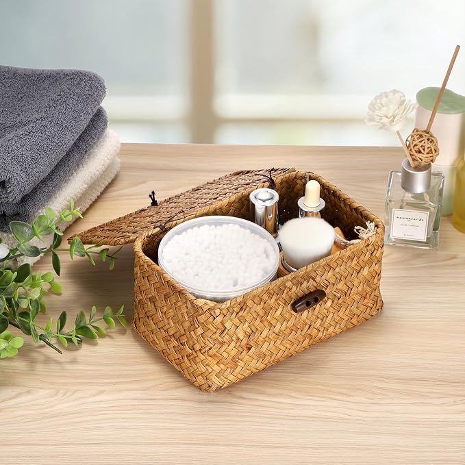 Hipiwe Small Seagrass Wicker Box with Lid Decorative Shelf Basket Bin | Handwoven Basket Storage Boxes for Home Decor, Multipurpose Desktop Organizer, Caramel 7.0" x 4.3" x 3.3"