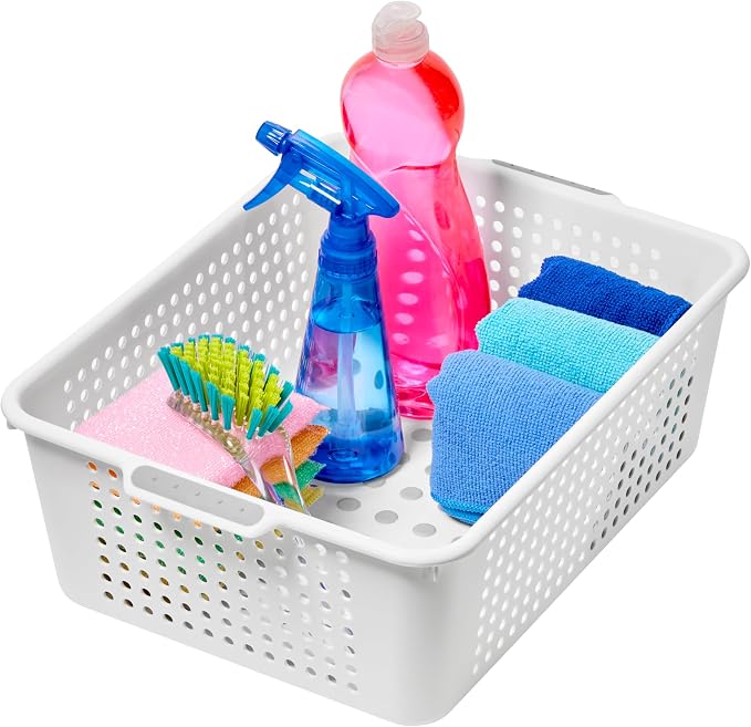 madesmart Classic Large Storage Basket with Soft Handle, White | non slip feet, rounded corners, side handles, easy carry, soft grip bottom, general storage, woman owned