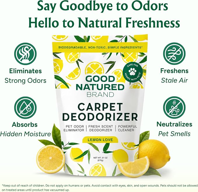 Good Natured Brand | Carpet Deodorizer & Freshener Powder | 31 oz Pet Odor Eliminator for Strong Odor & Pet Urine | Fresh Natural Lemon Scent | Safe for Homes with Pets